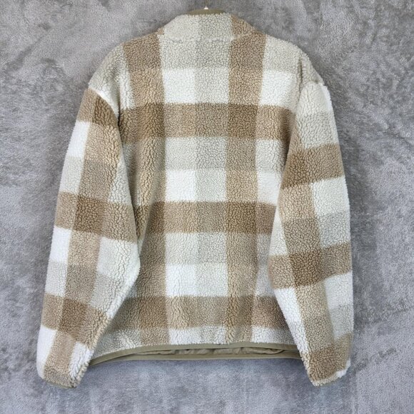Nike Pullover Mens Large Tan White Plaid Sherpa Fleece Half Zip Checkered Jacket - Picture 12 of 12